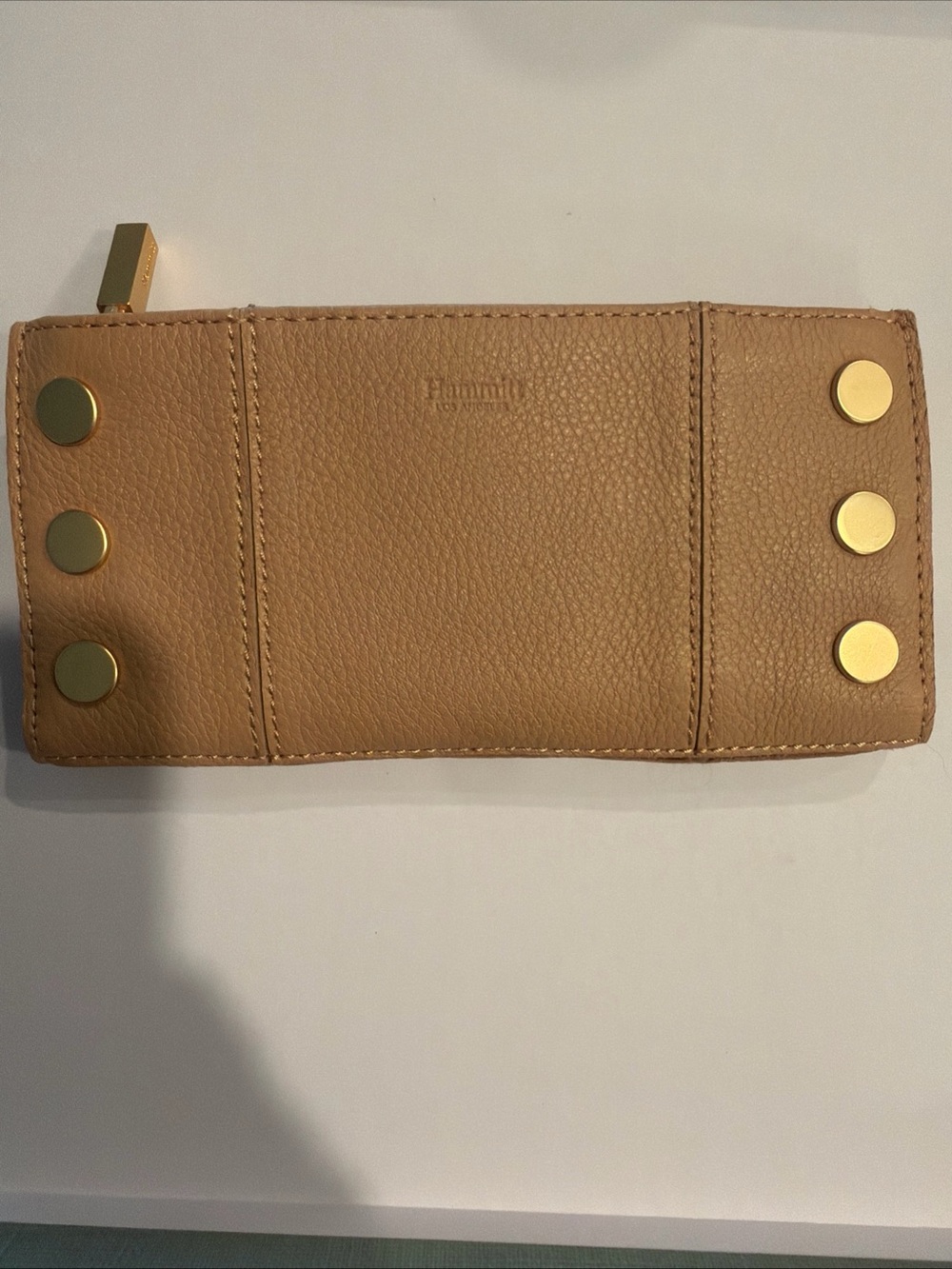 Hammitt 110 North Pebble Leather Gold Studded Checkbook Wallet Toast Sand Brown